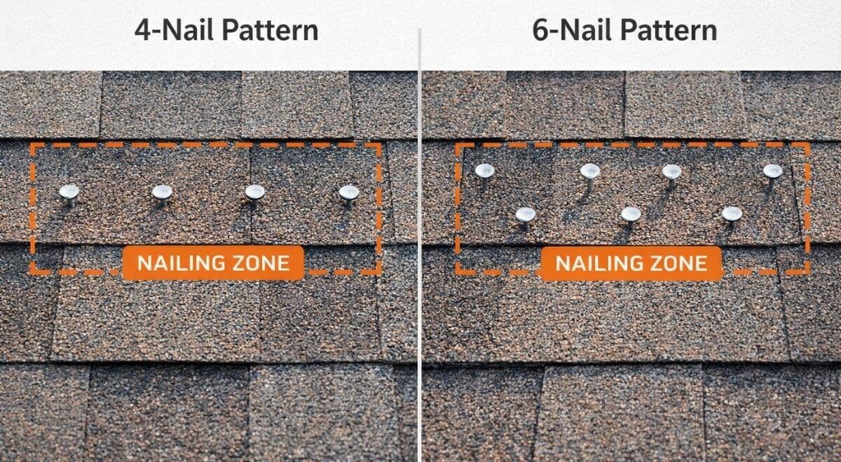 Comparison of 4-nail and 6-nail roofing shingle patterns showing correct nail placement within the manufacturer’s nailing zone