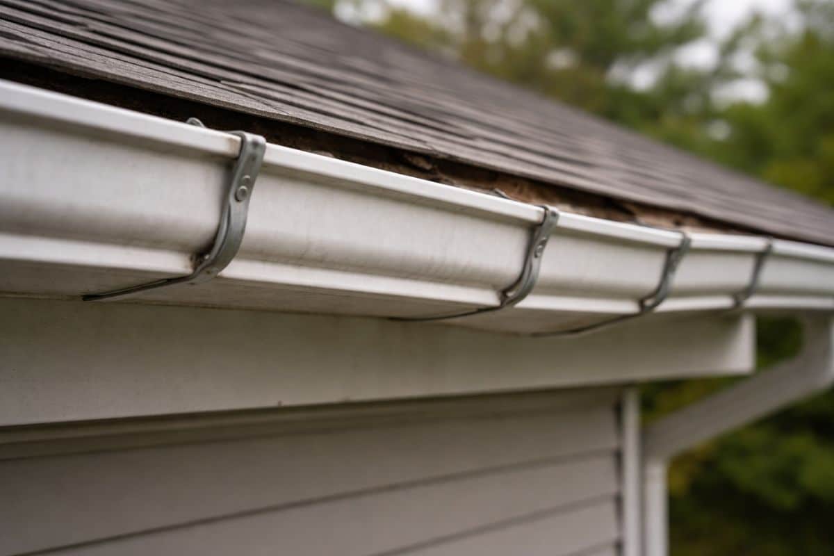 Aluminum gutters sagging due to loose gutter hangers while the fascia board remains solid and intact