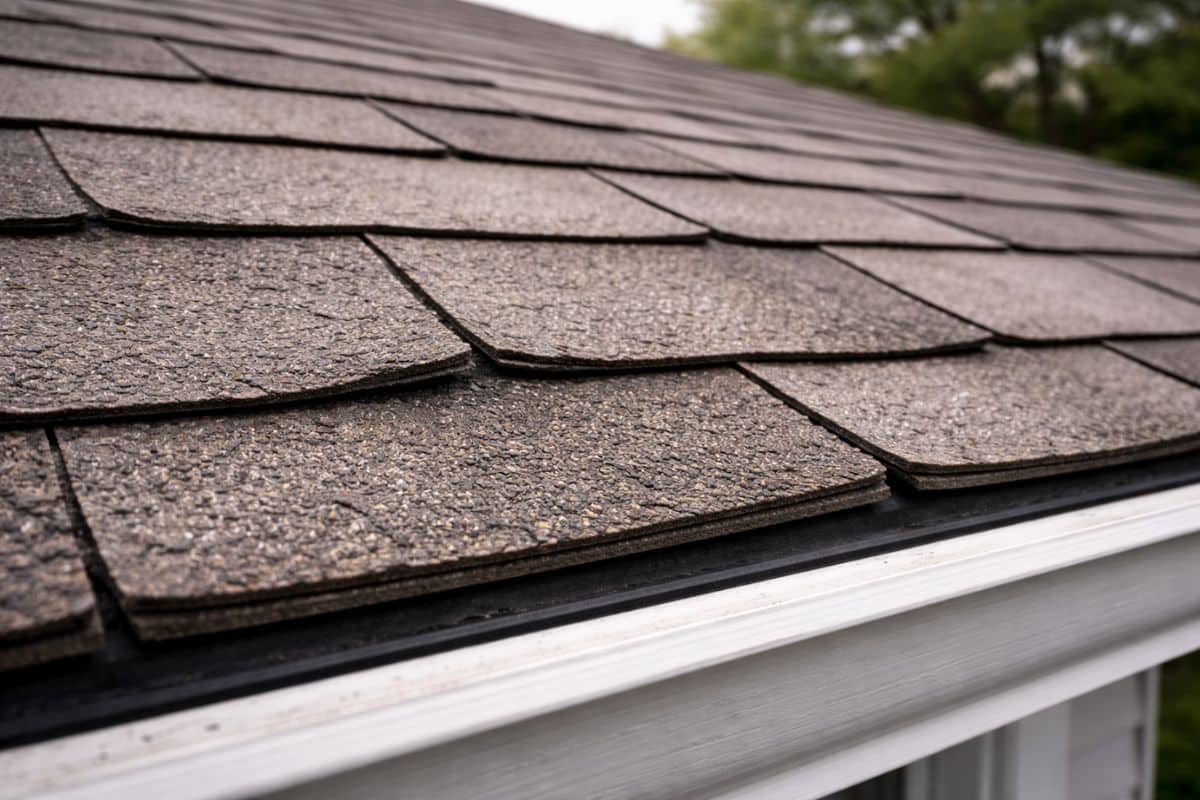 Close-up of aging asphalt shingles with slight curling, minor cracking, and uneven alignment on a residential Michigan roof.