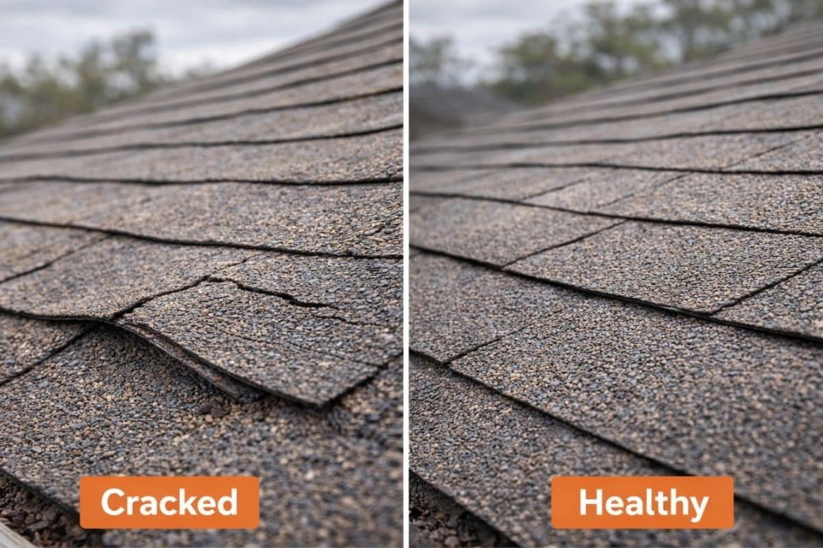 Comparison of cracked asphalt roof shingles with granule loss versus healthy flat shingles on a residential roof