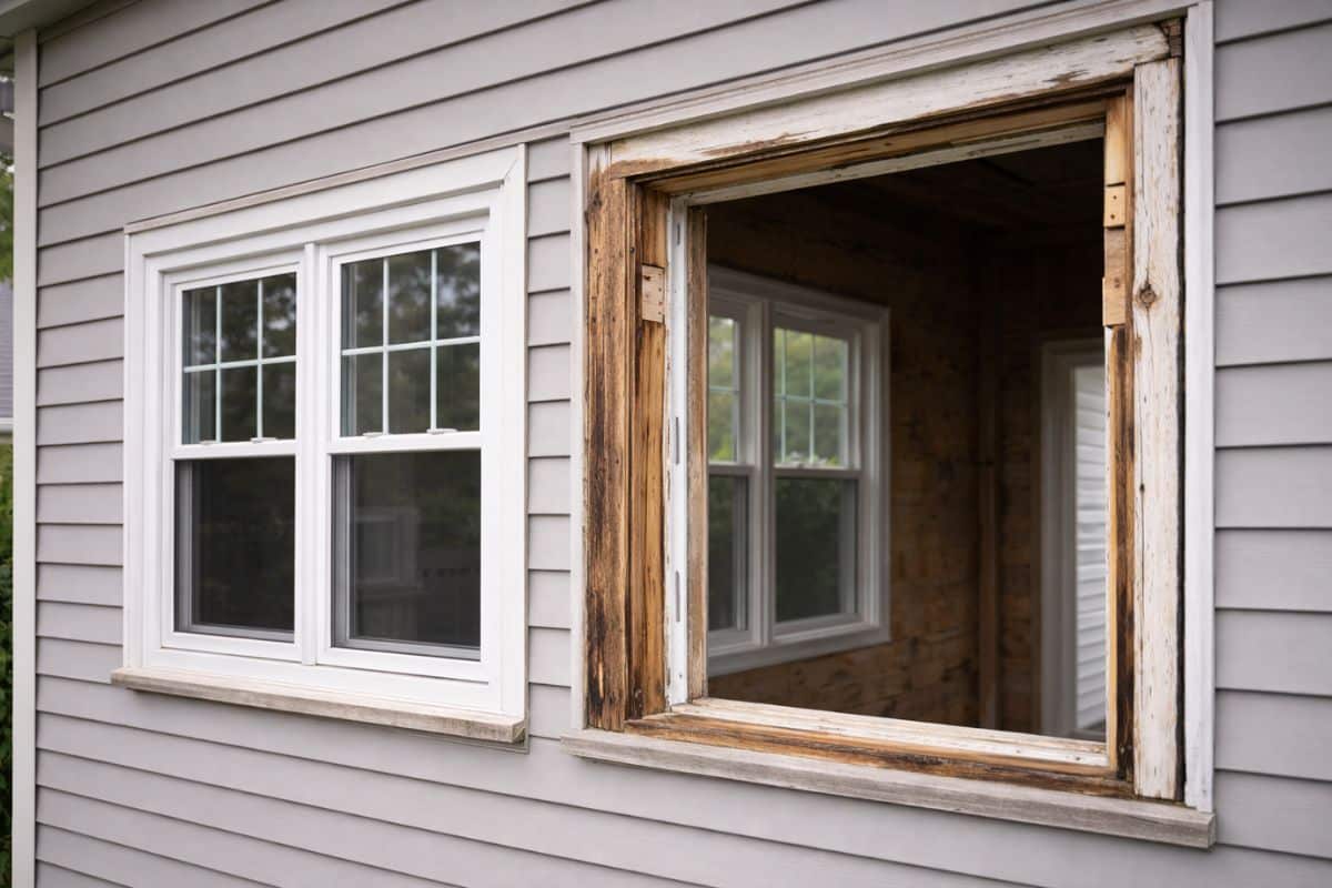 Side-by-side view of insert window replacement next to full-frame window replacement on an older home