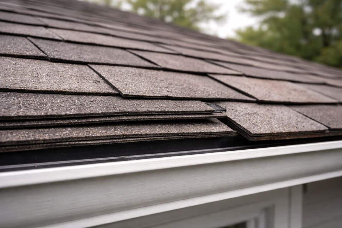 Close-up of a roof edge showing multiple layers of asphalt shingles from a re-roof overlay installation