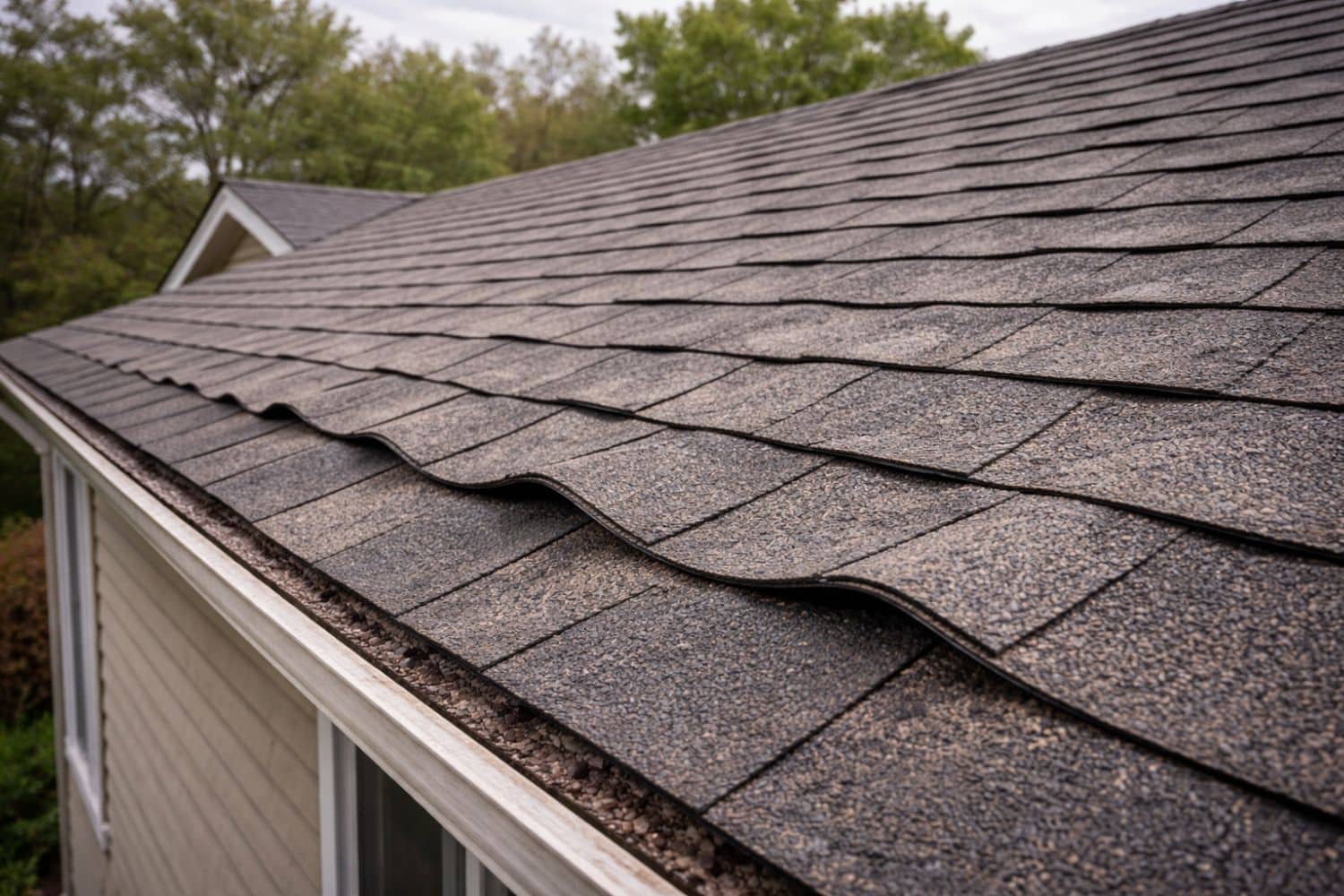 New asphalt shingle roof showing mild waviness along the roofline as shingles settle after installation