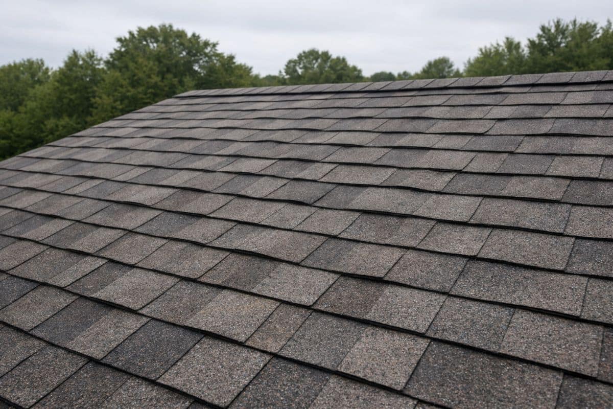 Mild, uniform waviness on a newly installed asphalt shingle roof as shingles naturally settle after installation