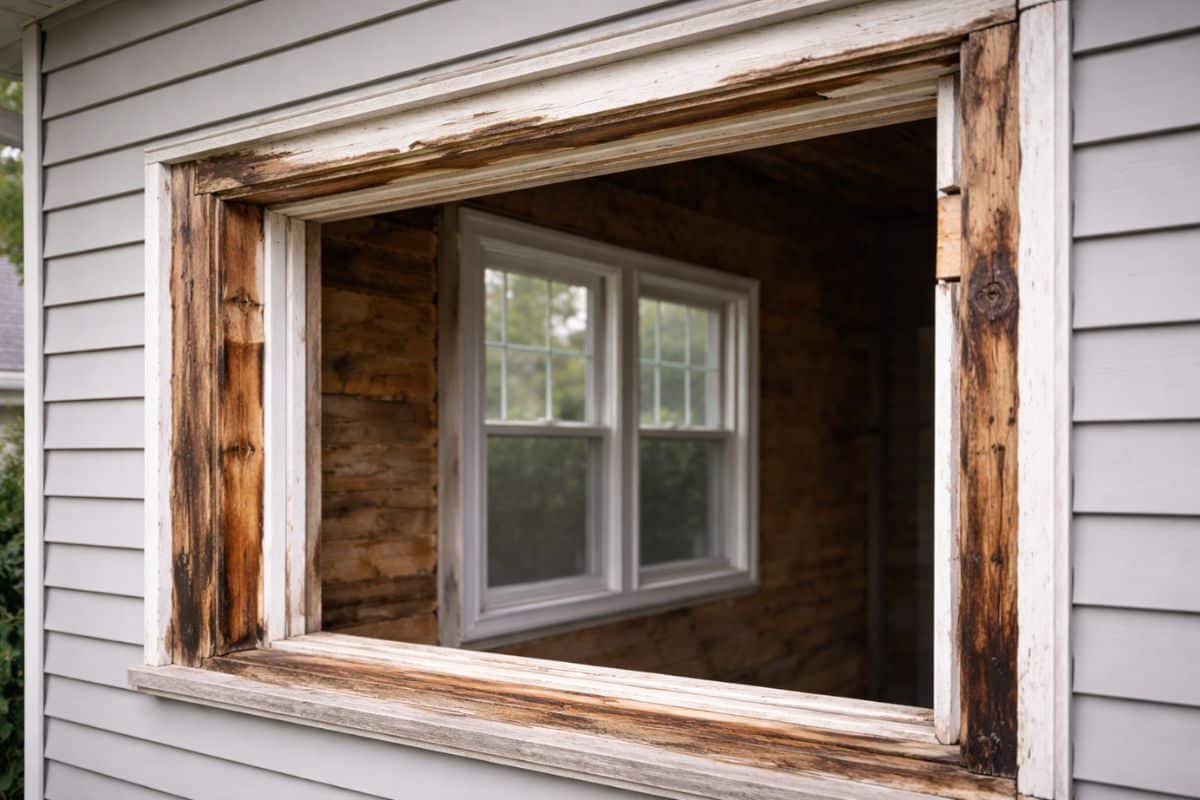 Older home window opening with trim partially removed showing aged wood framing and signs of moisture exposure