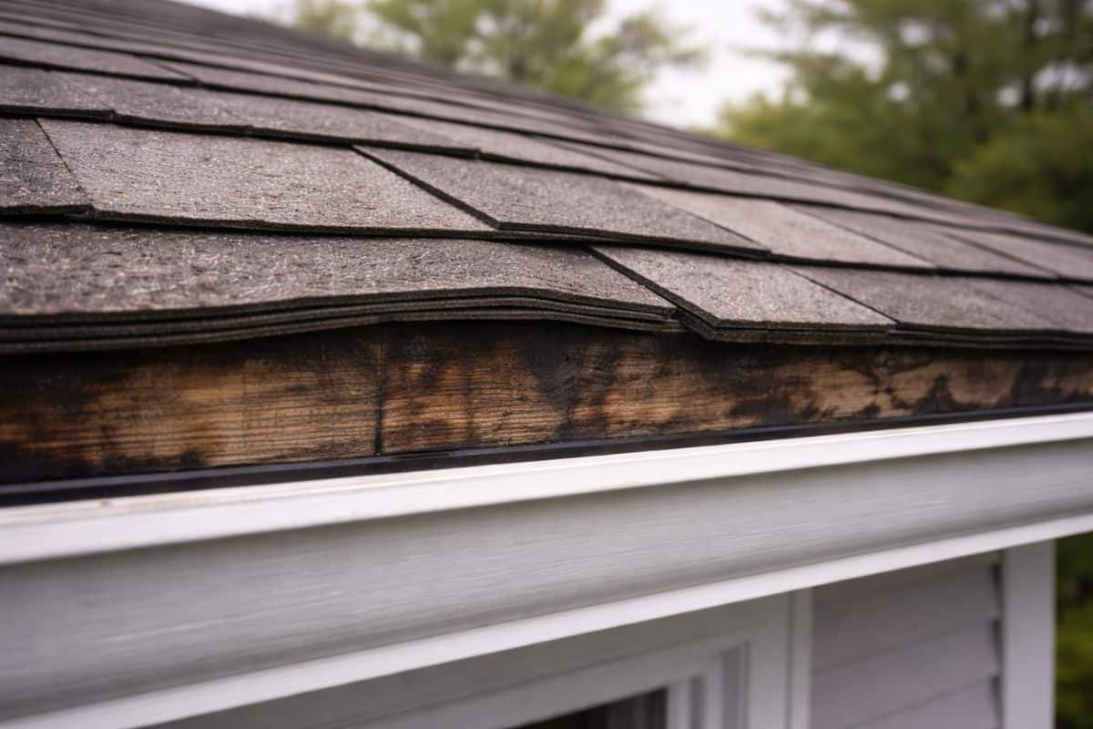 Moisture staining and subtle sagging beneath layered asphalt shingles at a residential roof edge, indicating hidden damage risk.