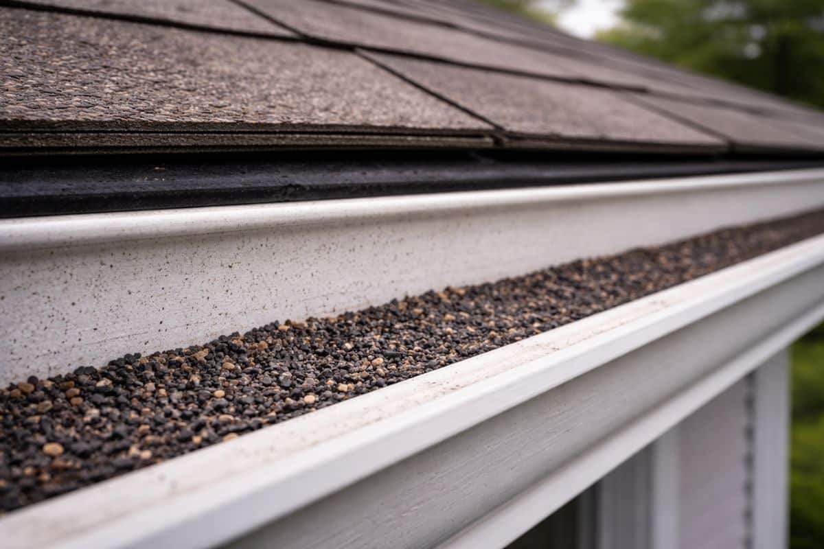 Accumulated asphalt shingle granules in a residential gutter, indicating early roof material wear on a Michigan home.