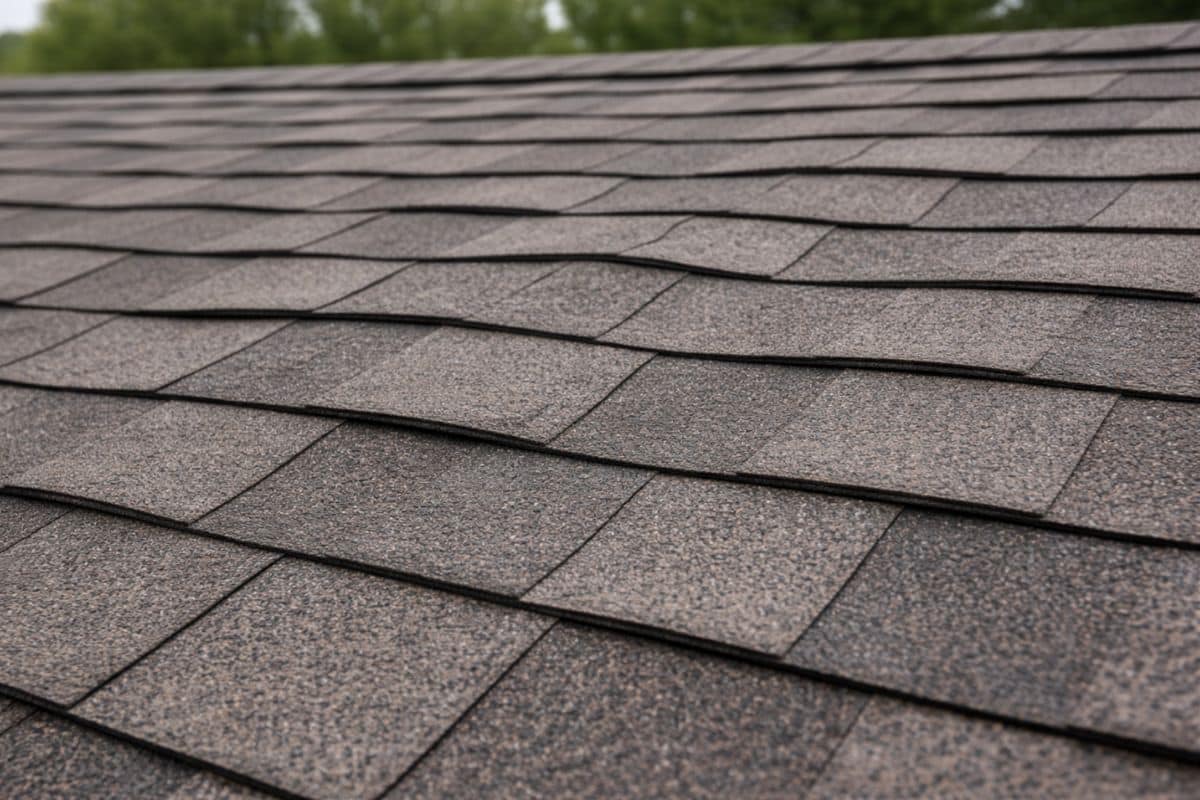 Close-up of asphalt shingles showing waviness from uneven roof decking beneath the surface