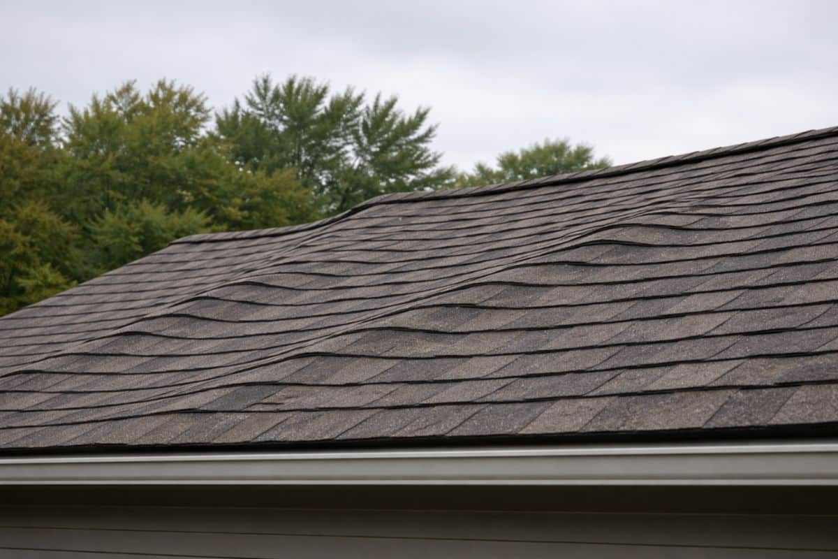 Irregular roofline waviness caused by uneven roof decking beneath asphalt shingles