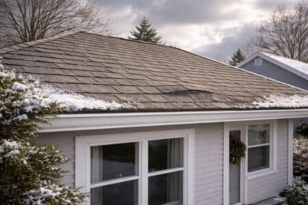 Residential Michigan home roof in winter showing subtle shingle aging and texture variation without visible damage